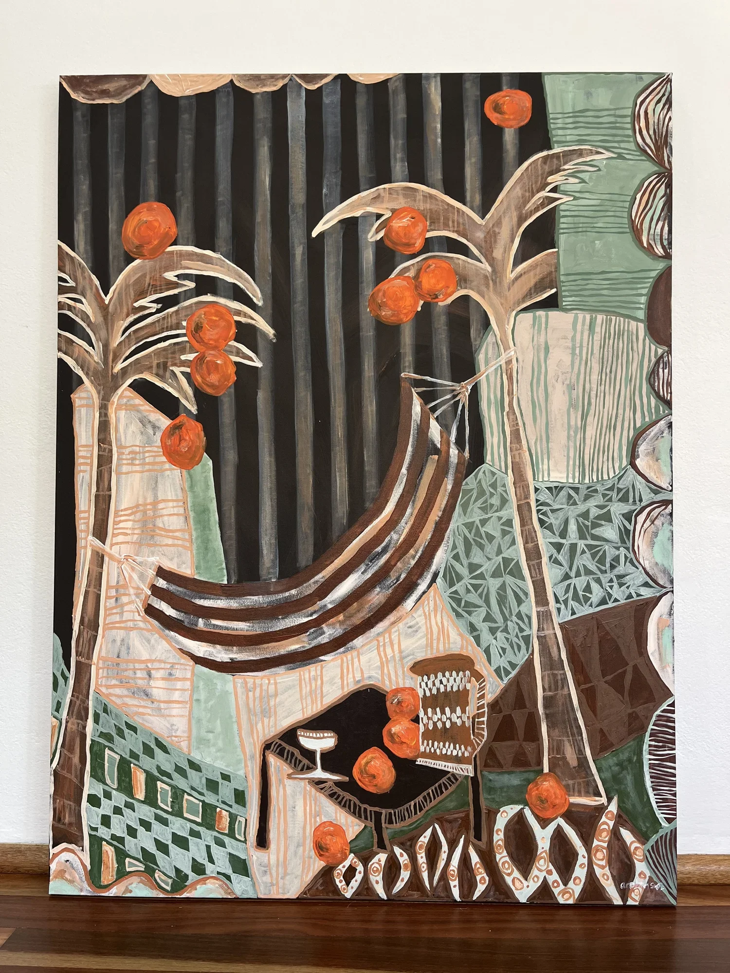 Original abstract painting by Anita Robinson featuring palm trees, a hammock, and floating oranges on a bold striped background in earthy greens and terracotta.