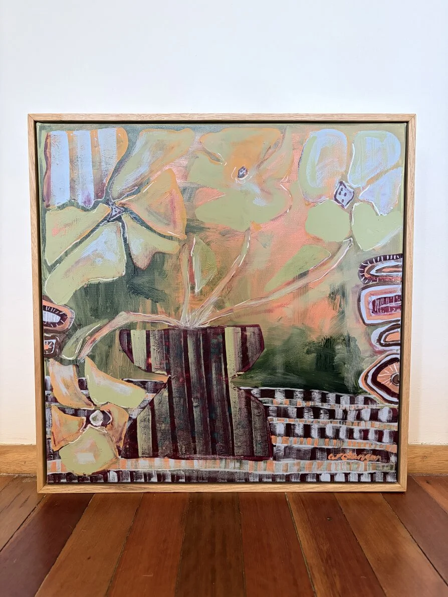 The Sunday Vase original abstract still life painting by Anita Robinson in a natural oak timber frame.