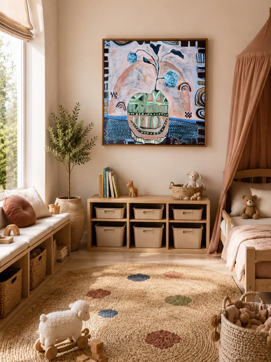 Hidden in the Leaves by Anita Robinson displayed in a warm contemporary children's bedroom