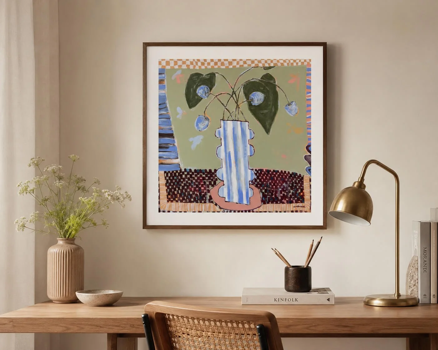 Not So Still fine art print styled above timber desk in warm neutral office