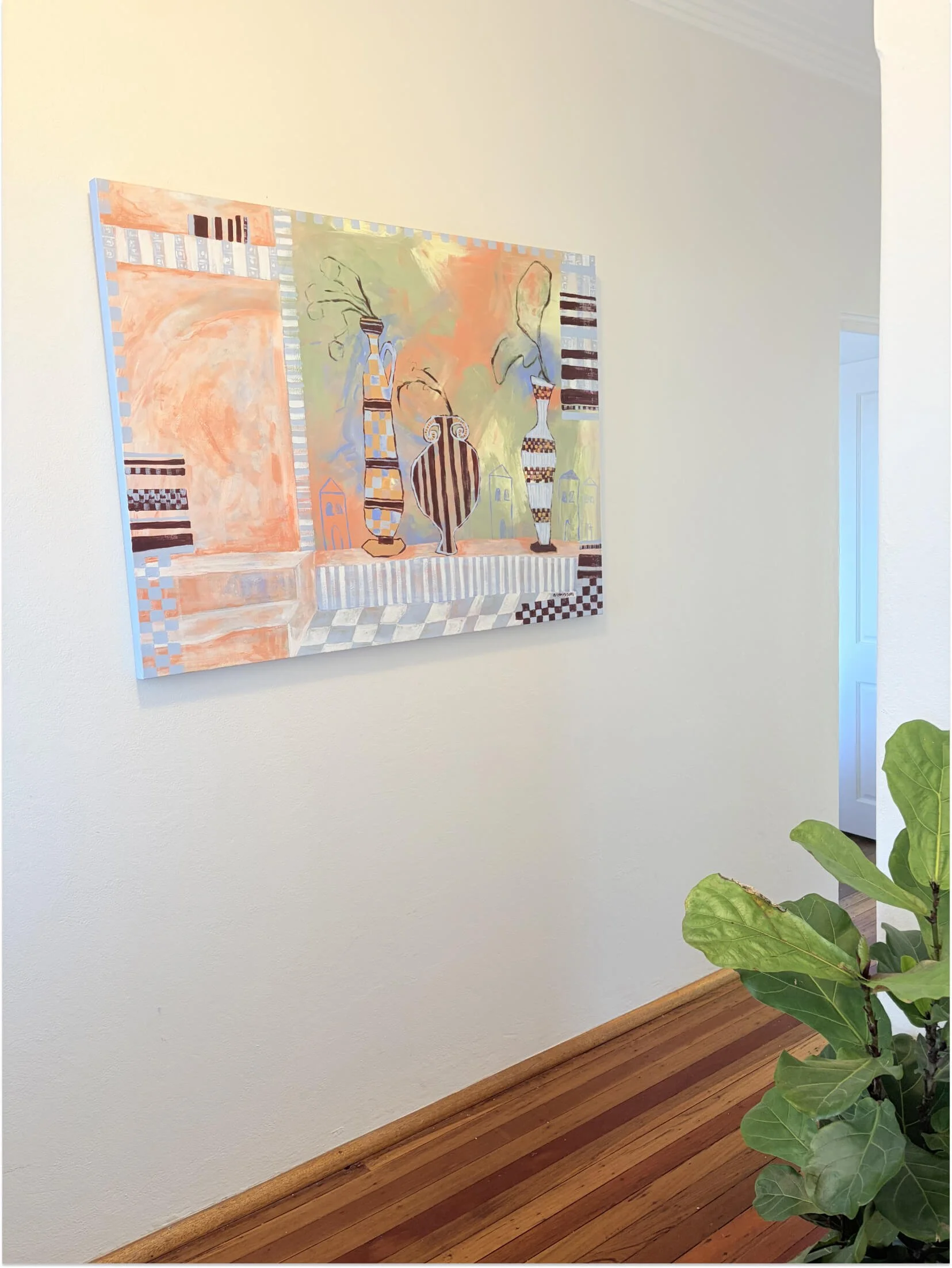 Late Checkout original canvas artwork displayed on a wall in hallway