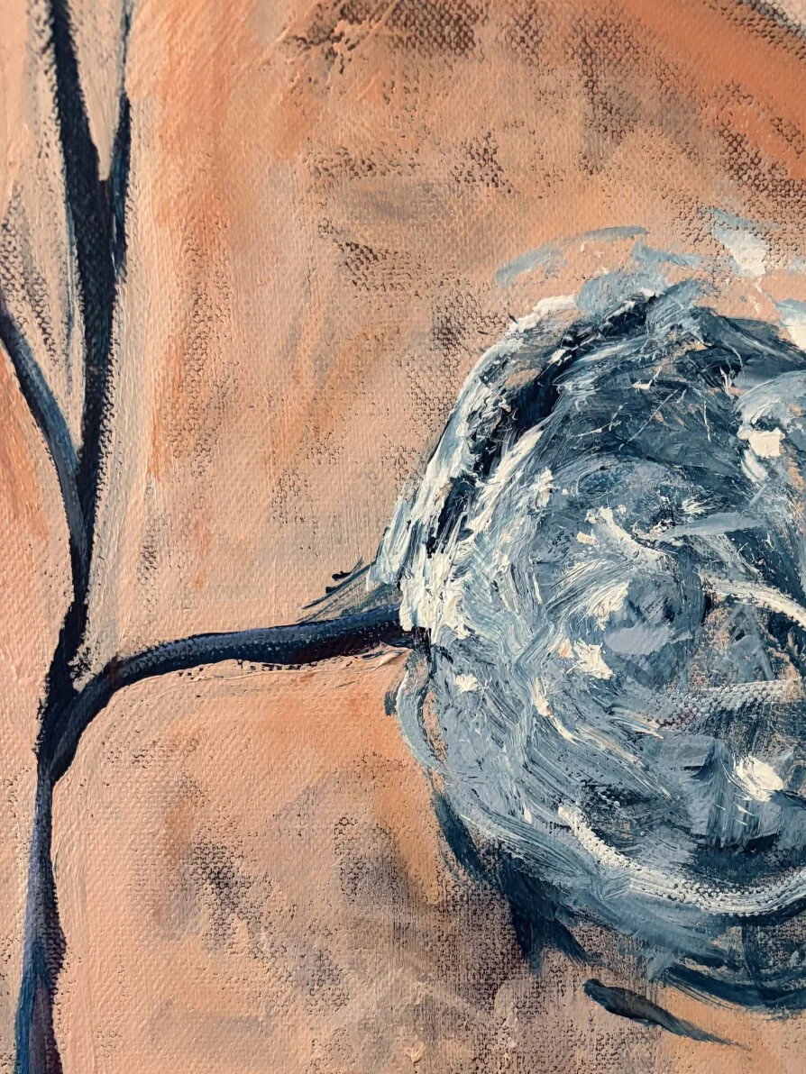 Small blue flower detail in Hidden in the Leaves by Anita Robinson, abstract still life painting with soft pink and earthy green colours.