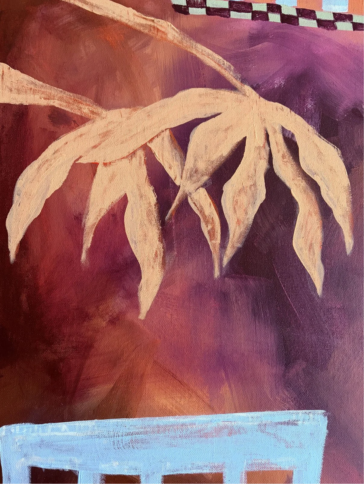 Textured brushwork and painted leaves in Stay a Little Longer by Sydney artist Anita Robinson