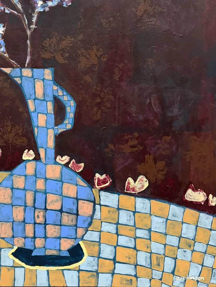 Close-up texture and checkered detail from After the Picnic original painting by Anita Robinson