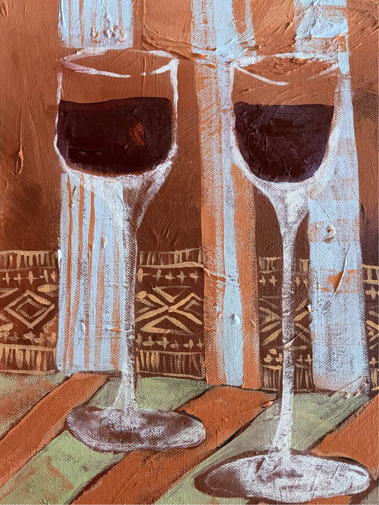 Original still life painting detail featuring wine glasses and bottle