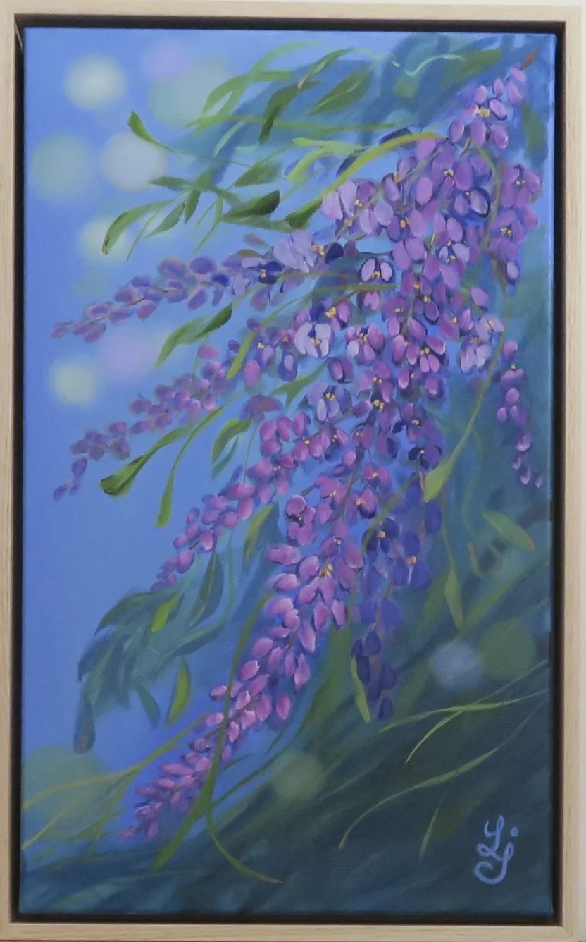 Violacea I - Oil on stretched canvas with a natural wooden floating frame -Ready to hang - 53 x 33 x 55cm $500
