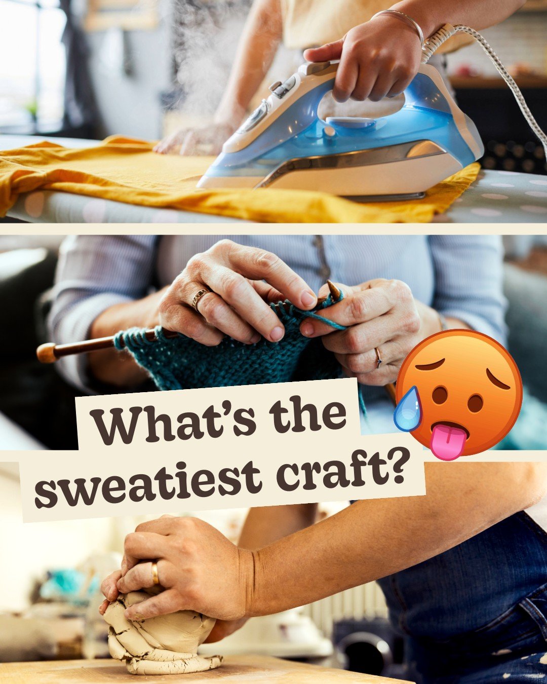 Ranking crafts by how much you sweat doing them in summer:

🏺 Pottery (kiln, wedging 🥵 )
🧵 Sewing (ironing 😅)
🧶 Knitting (literally holding a warm blanket 🔥)

What's your craft and how are you surviving the heat?

#makerlife #potterylife #sewin
