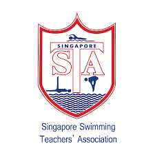 Logo of the Singapore Swimming Teachers' Association featuring a blue swimmer, a swimmer in black, and aquatic elements, with the text 'Singapore Swimming Teachers' Association'.