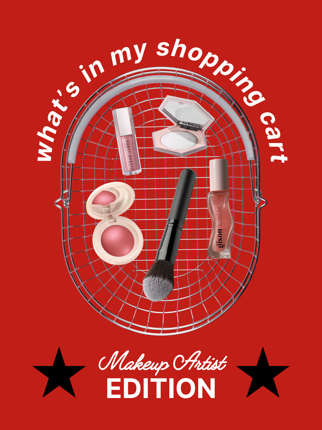 Makeup products including lipstick, blush, highlighter, lip gloss, blush brush, eyeliner, and nail polish arranged on a metallic shopping basket on a red background. Text reads "what's in my shopping cart" and "Makeup Artist EDITION" with black stars.