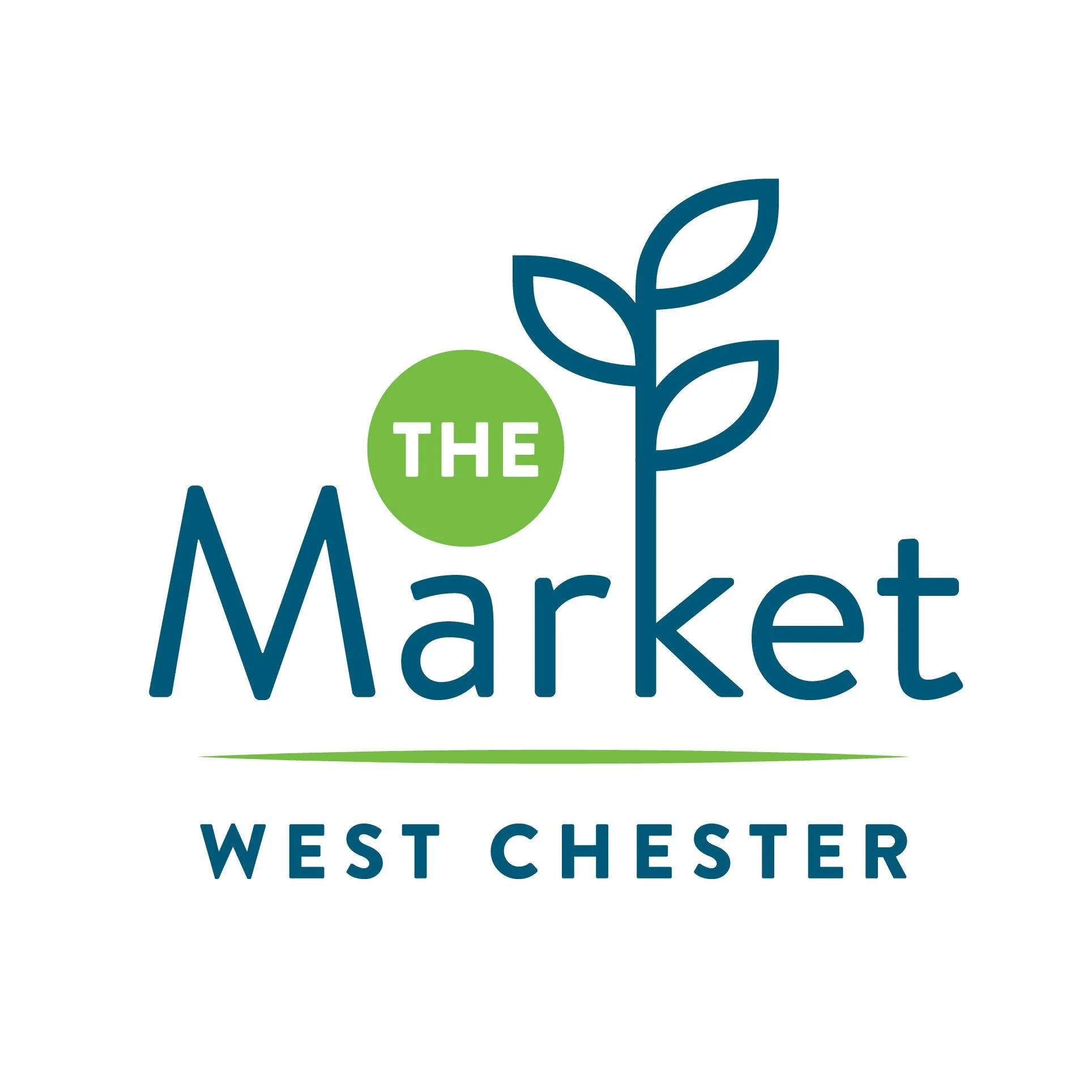 Logo for The Market West Chester with a stylized plant and green and blue text.