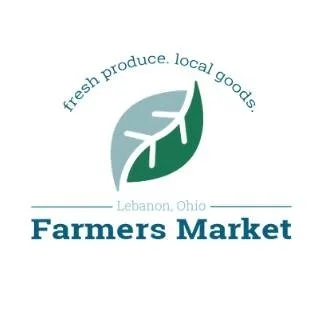 Logo for Lebanon, Ohio Farmers Market featuring a stylized leaf design and text promoting fresh produce and local goods.
