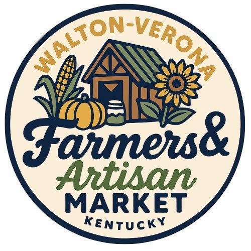 Logo for Walton-Vernon farmers and artisan market in Kentucky, featuring a barn, sunflower, pumpkin, corn, and water pump.