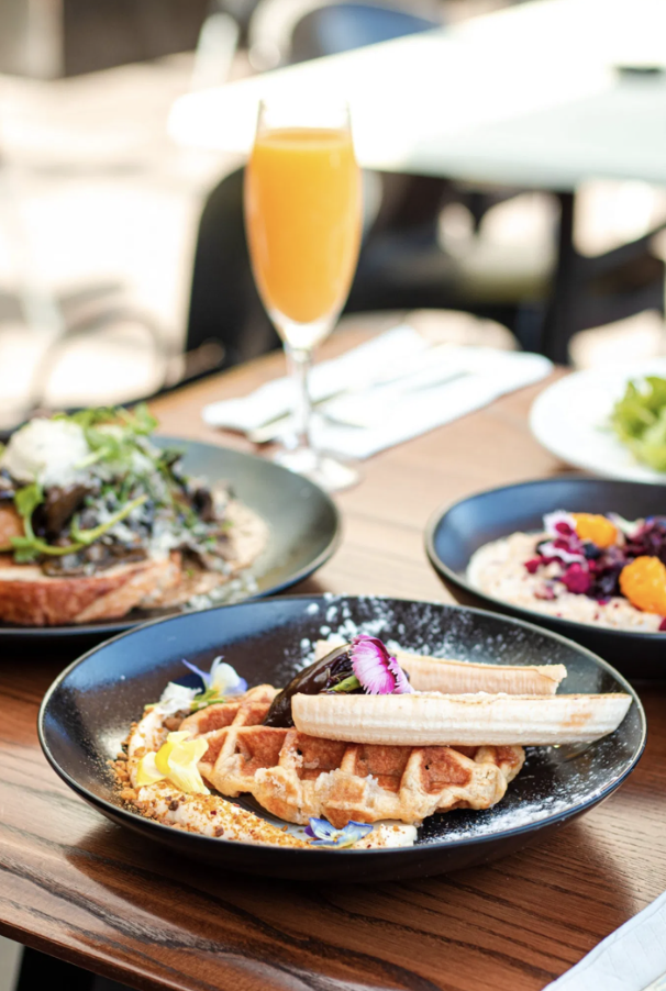 A close-up, top-down view of modern brunch dishes, featuring a sweet waffle plate and fresh drinks served at a wooden table at The Alex.