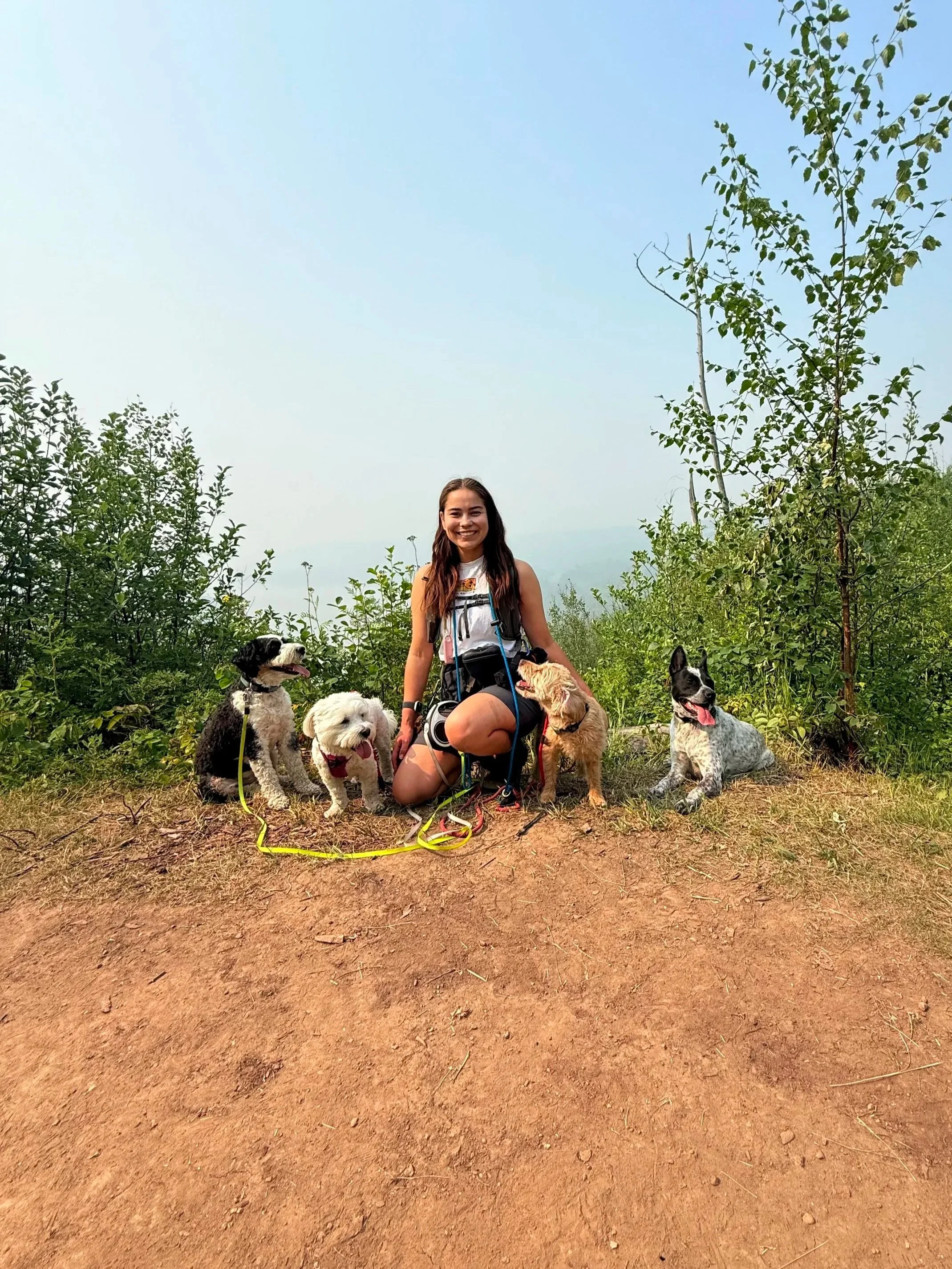 A smiling woman crouching on a dirt trail with five dogs, surrounded by green bushes and trees on a foggy day.