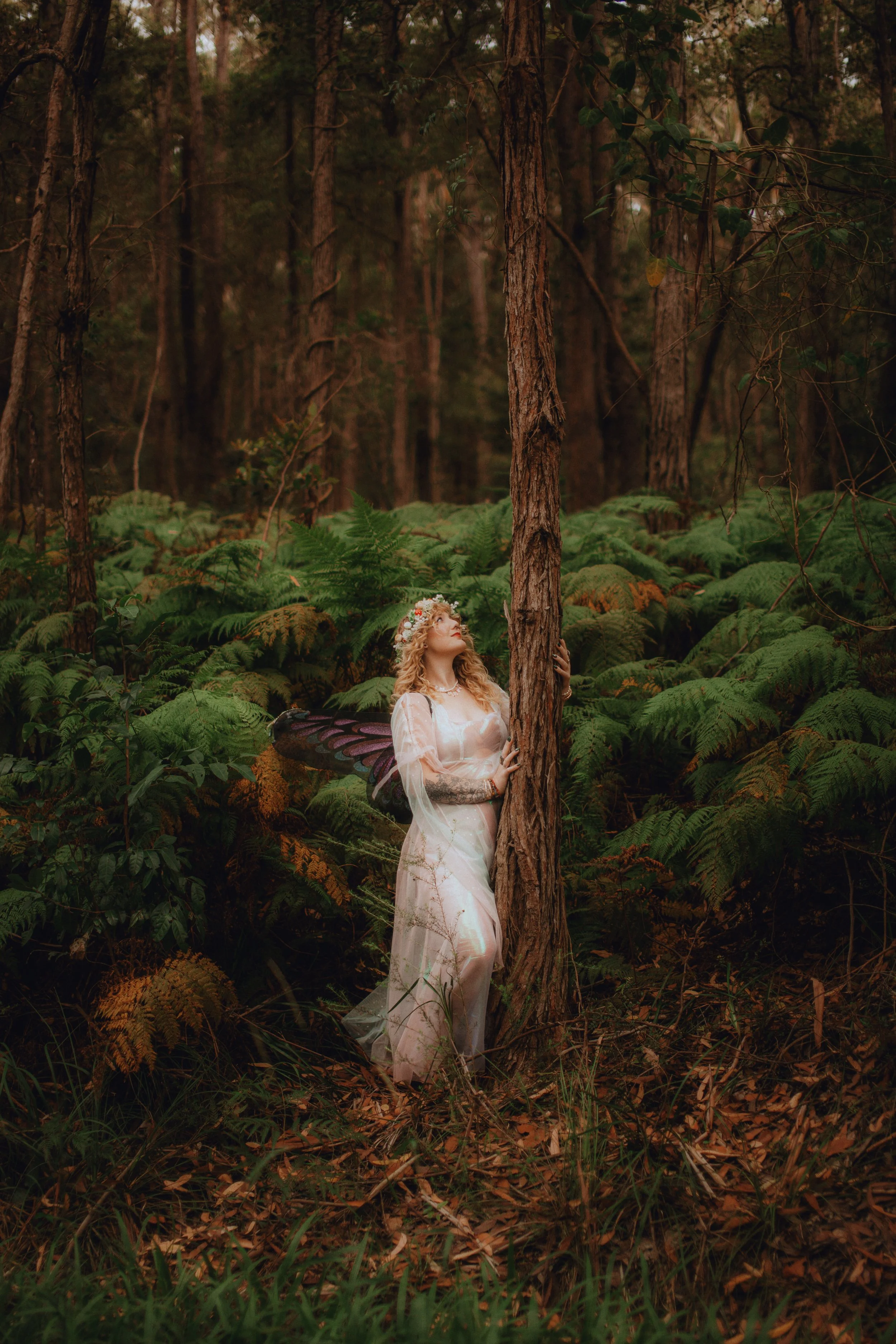 A woman dressed as a fairy with butterfly wings, wearing a white dress and a flower crown, standing in a lush forest with green ferns and tall trees.