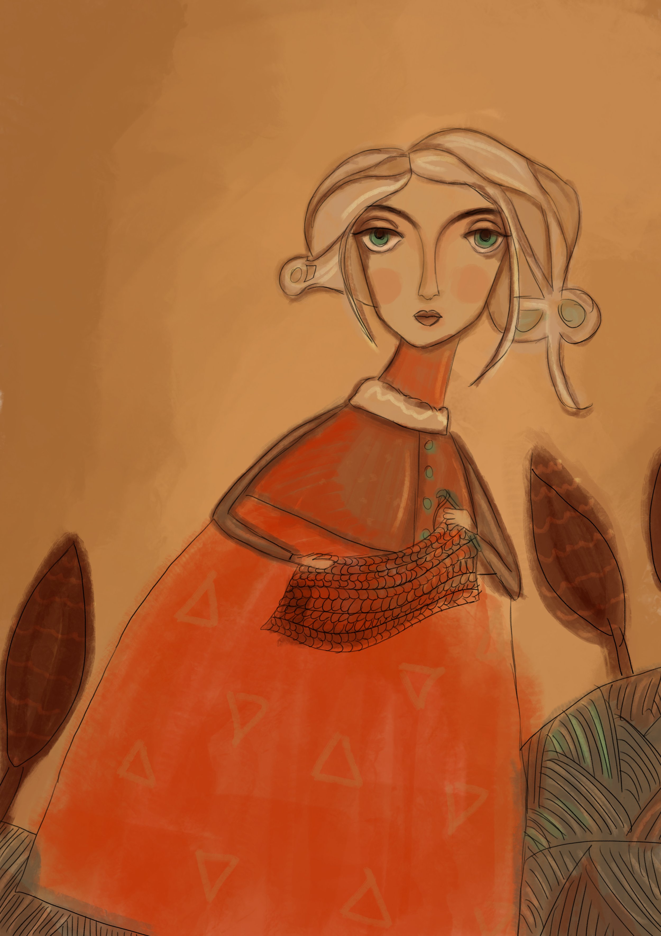 An illustration of a woman with green eyes and wavy blonde hair, wearing an orange dress with a patterned apron, against a beige background with stylized plants.