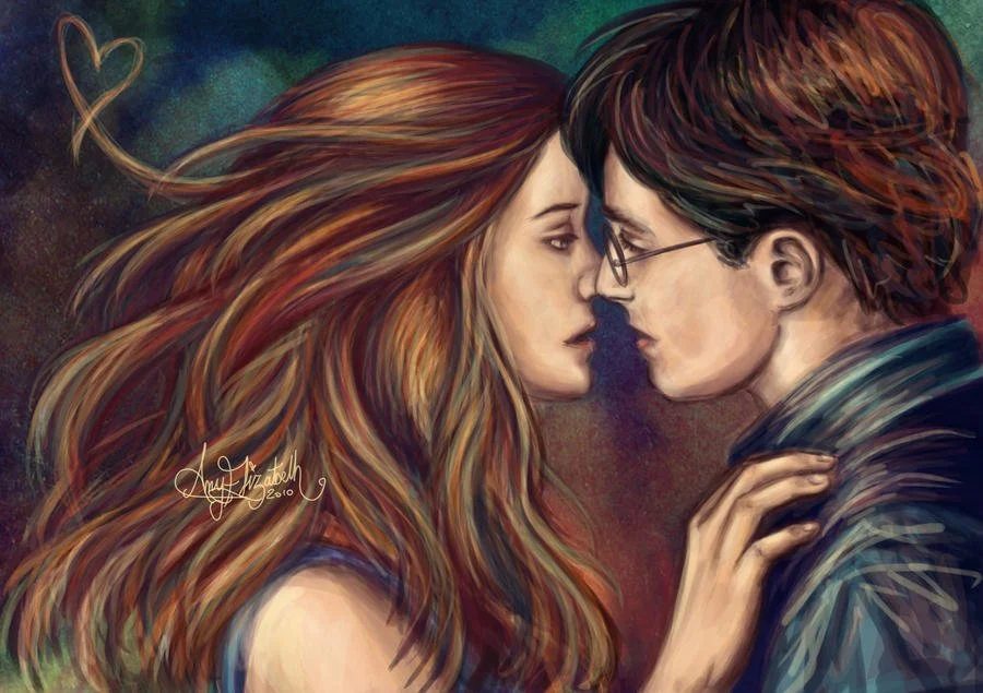 A painted portrait of a young woman with long red hair and a young man with glasses, facing each other closely, touching foreheads, with a dark background and a small heart in the upper left corner.