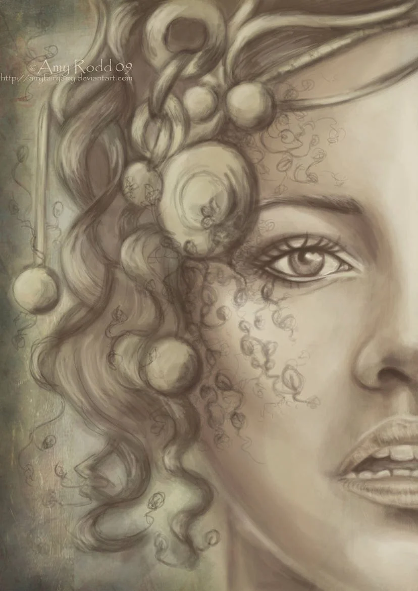 A detailed pencil sketch of a woman's face, showing her eye, lips, and part of her nose, with intricate curly hair and decorative round elements in her hair.