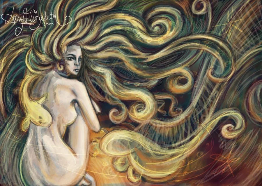 A digital painting of a woman with flowing blonde hair, turned slightly to the side, looking over her shoulder with a serious expression. The background features swirling, abstract patterns in warm colors.