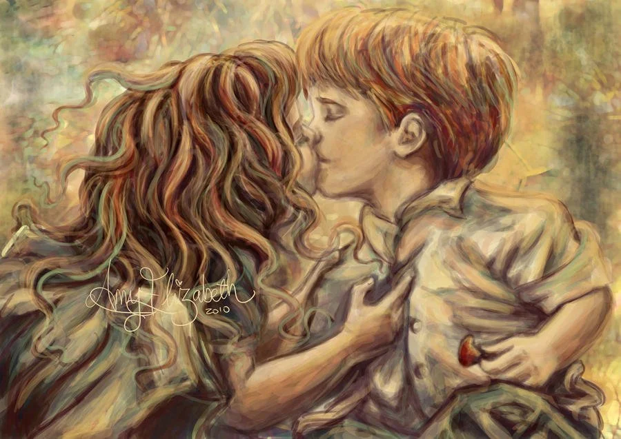 A painted portrait of a woman with long, curly red hair kissing a young boy with short, red hair. The woman is holding the boy's collar while the boy has a ring in his hand. The background is soft and blurred with warm colors.