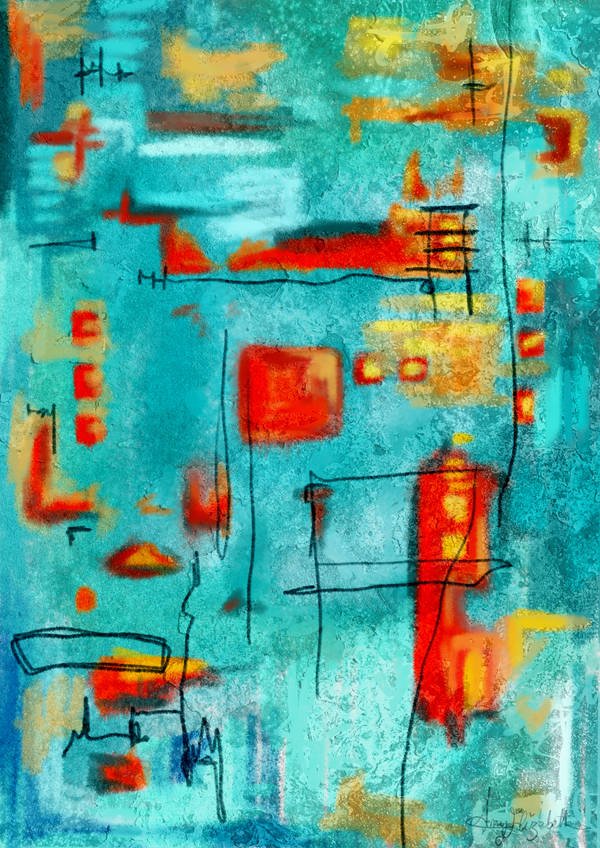 Abstract painting with a background of blue and yellow hues, featuring red geometric shapes and black outlines and lines.