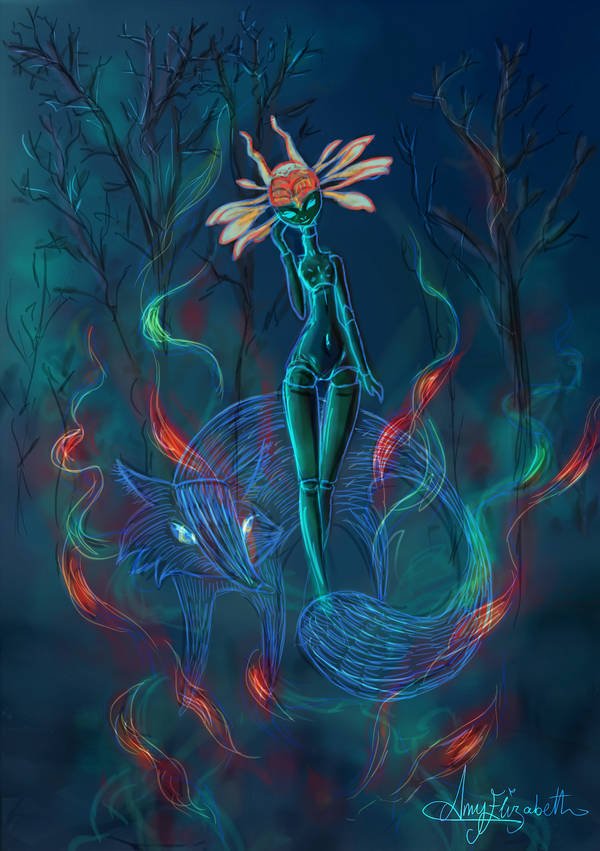 Digital artwork of a mystical humanoid figure with cat-like features, glowing in neon colors, standing on a fantastical creature amidst swirling colorful smoke in a dark, mysterious forest.