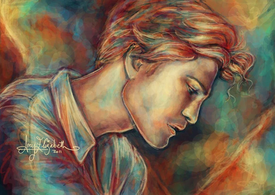 A portrait of a woman with curly hair and closed eyes, painted in vibrant, warm colors with a soft, dreamy background.