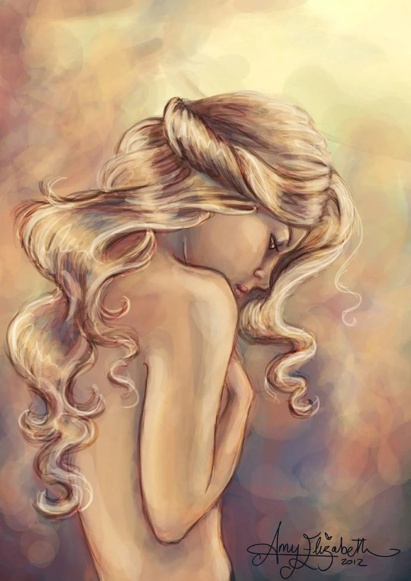 Digital painting of a young woman with long, wavy blonde hair, looking down with a thoughtful expression, with her arms crossed over her knees against a soft, abstract background.