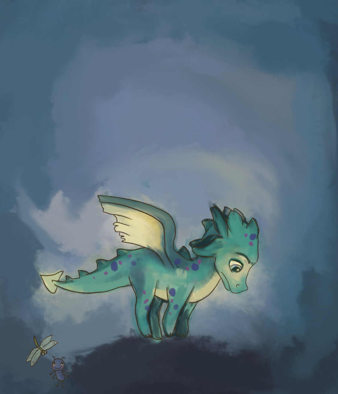 A small, cartoon-style dragon with wings and a long tail, standing in a dreamy, blue-toned environment. There are two small insects, a dragonfly and an ant, near the dragon, and the scene has a whimsical, fantasy feel.