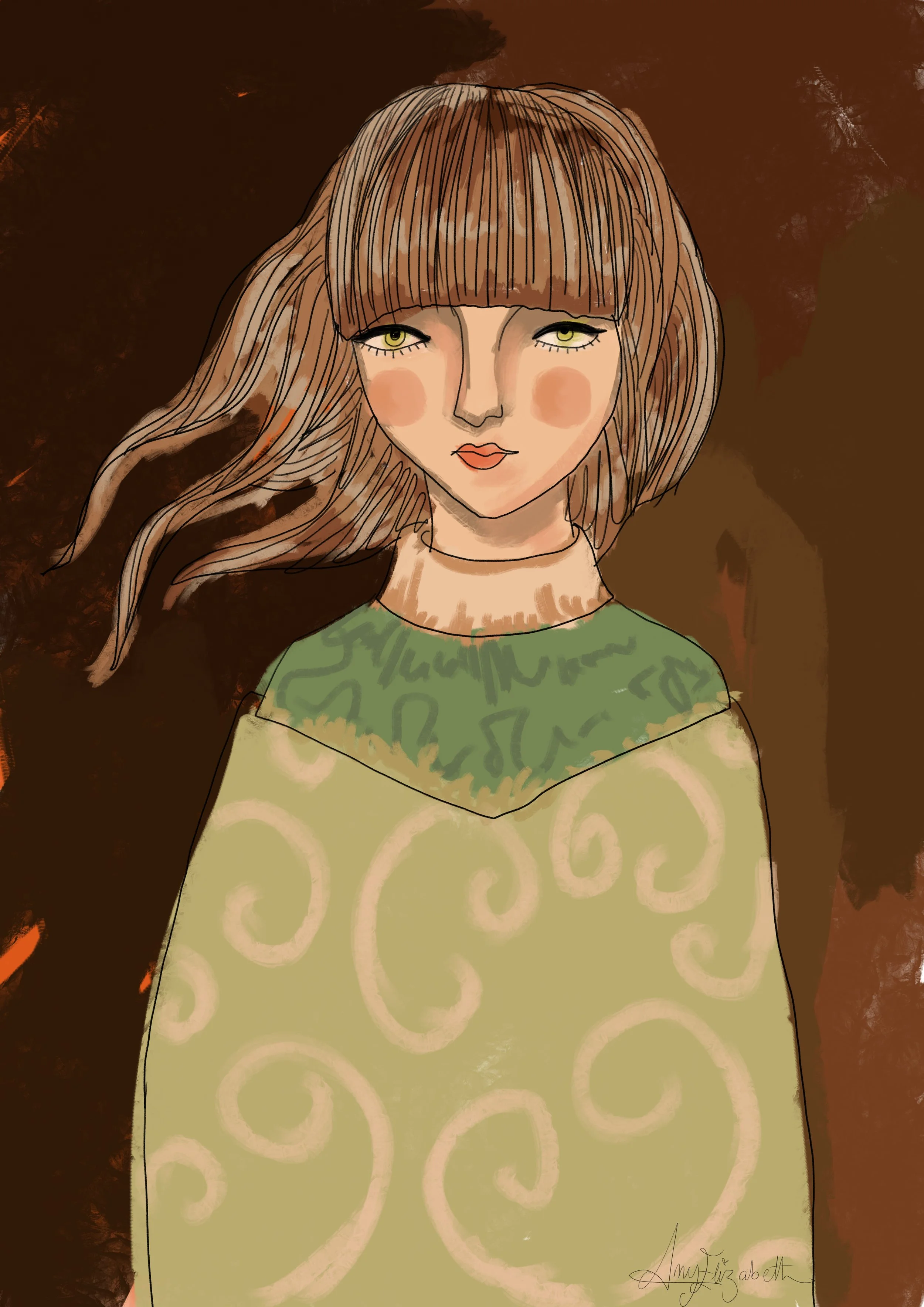 Stylized digital illustration of a woman with light brown hair, wearing a green dress with a swirl pattern, against a dark brown background.