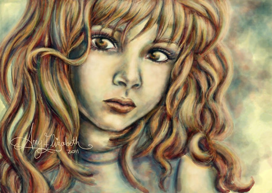 A painting of a young woman with wavy red hair and brown eyes, looking to the side.