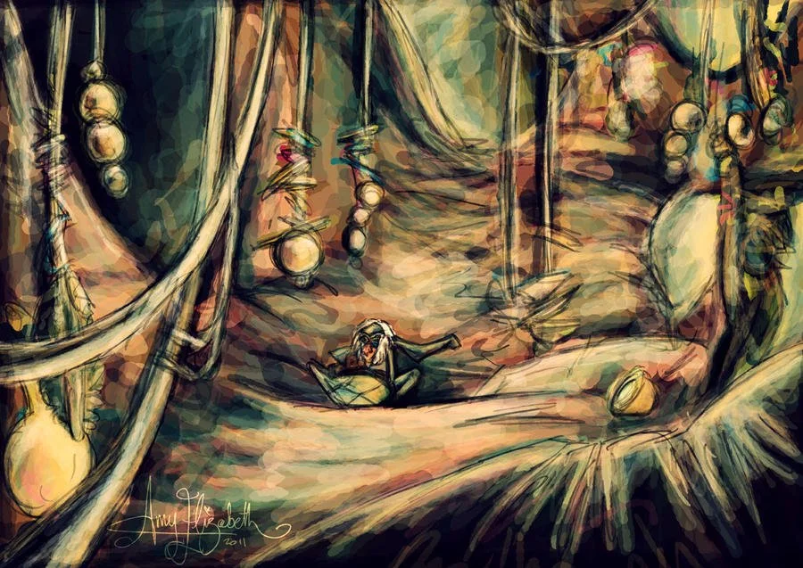 A colorful, abstract painting of a cozy scene inside a fabric tent with hanging lanterns, a small dog reading a book on a cushion, and other plush cushions and decor.