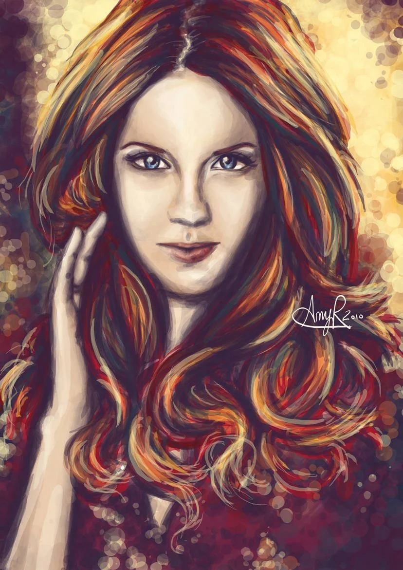 Digital painting of a woman with long, wavy red hair, looking directly at the viewer with her hand touching her face, against a blurred gold and burgundy background.