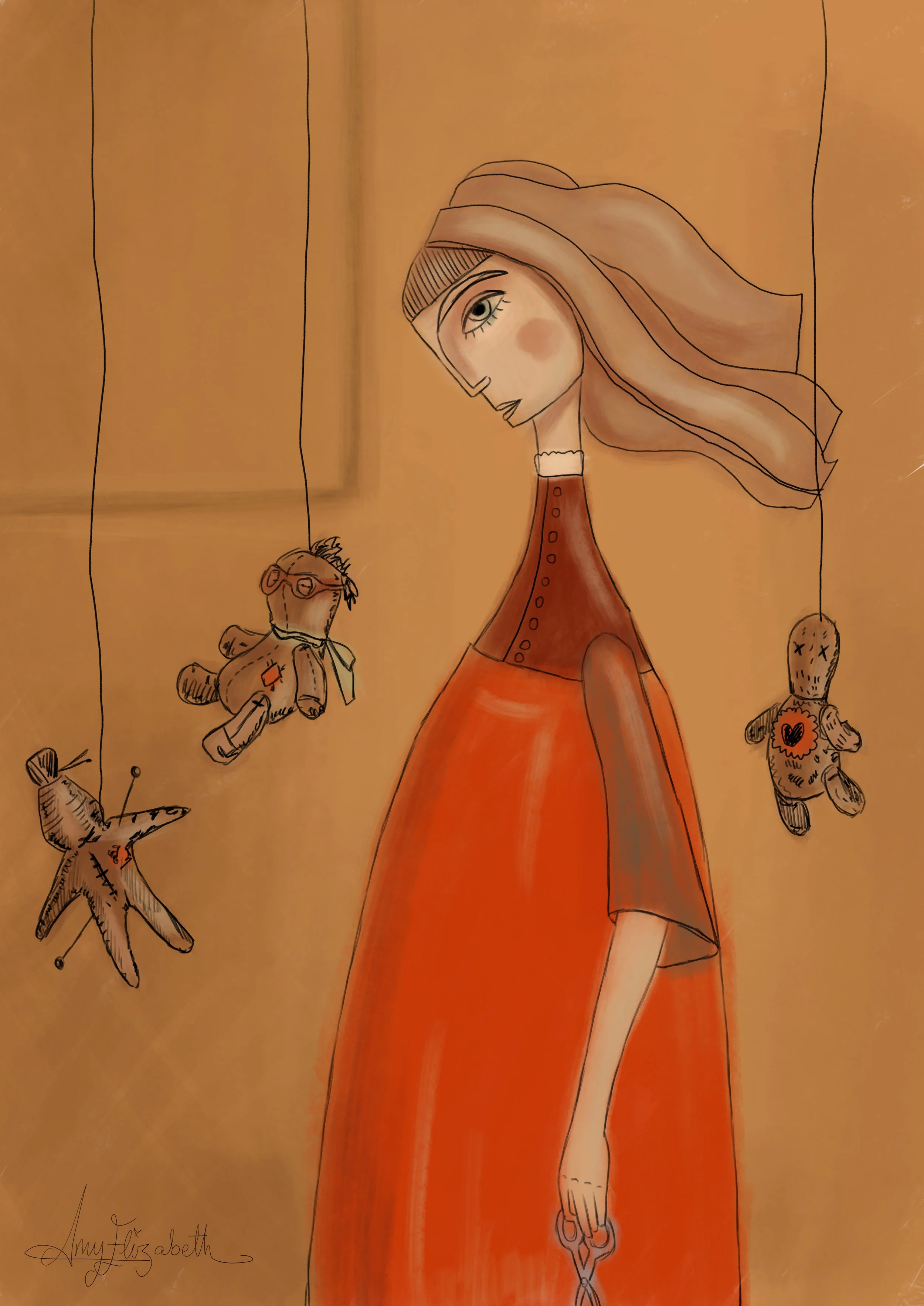 A stylized drawing of a girl with long flowing blonde hair, wearing an orange dress with a buttoned top, surrounded by hanging teddy bears, some featuring hearts or stitches, on a warm orange background.