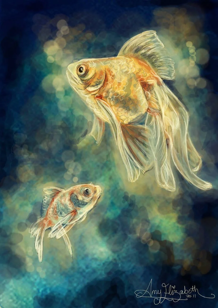 Digital painting of two goldfish swimming in a colorful underwater scene with bokeh lights.
