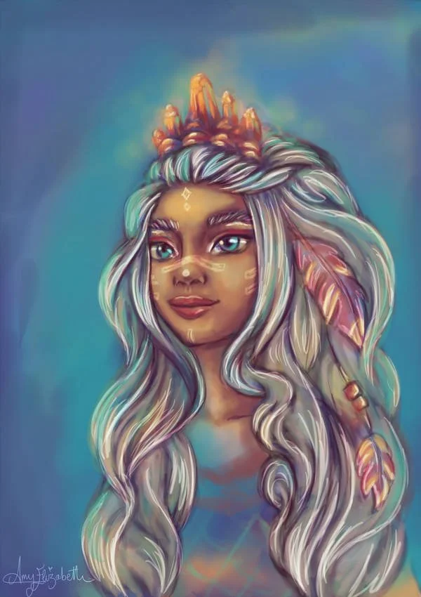 Digital artwork of a woman with long, flowing, silver hair with pastel pink and purple highlights. She has blue eyes, a gentle expression, and wears a crown of small golden mushrooms on her head, with some leaves intertwined in her hair. The backgrou