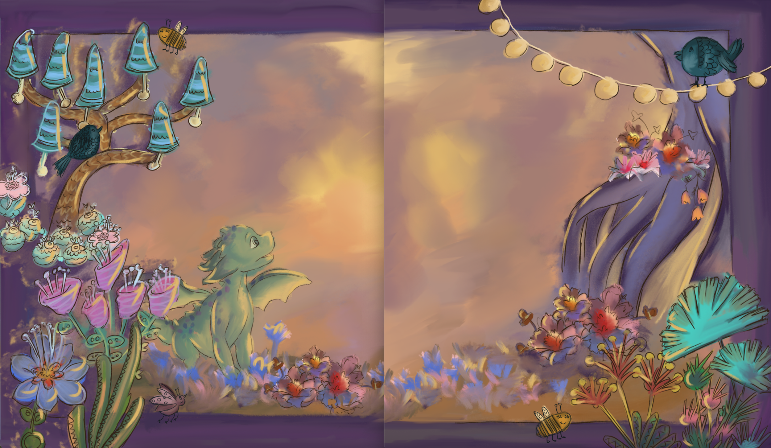 A whimsical illustration of a small green dragon sitting among colorful flowers with a sunset sky in the background. The scene includes hanging string lights, bees, and birds, creating a magical garden atmosphere.