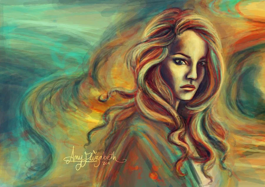 Colorful painting of a woman with long, curly hair, looking over her shoulder with a neutral expression, surrounded by swirling, vibrant shades of green, orange, and yellow.