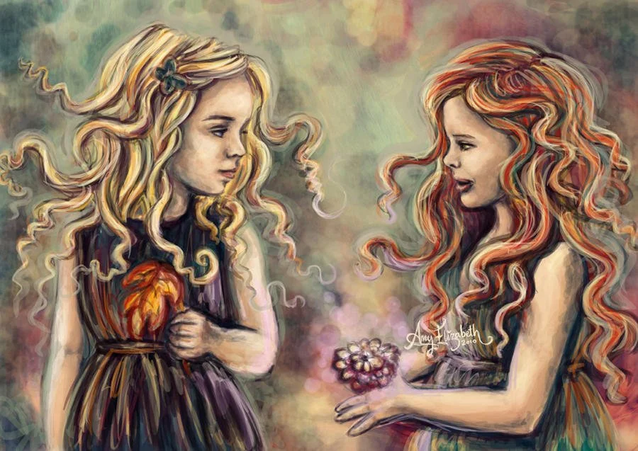 Painting of two young girls with long curly hair, one with blonde hair holding a flower, and the other with red hair smiling.