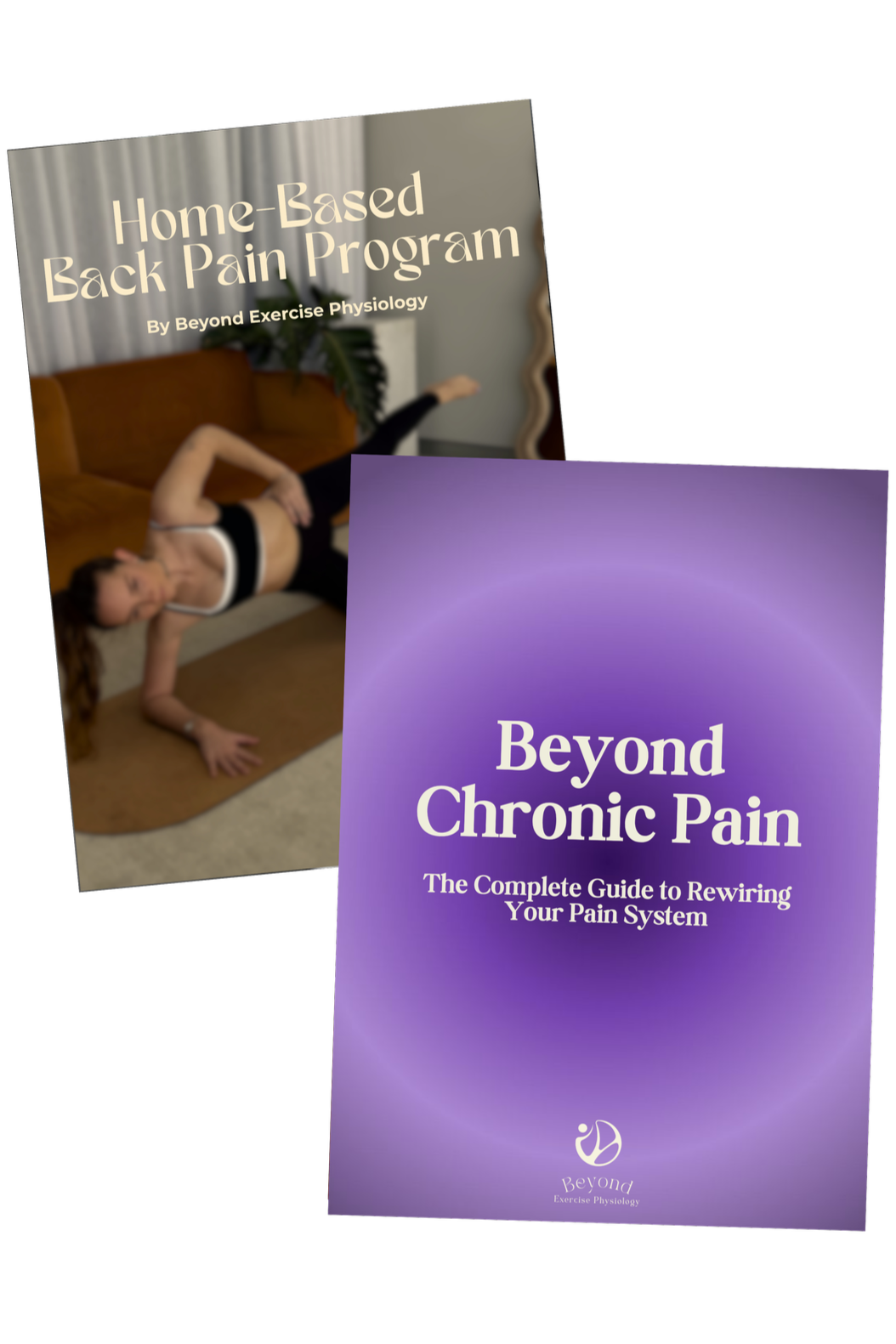 Two book covers, one titled "Home-Based Back Pain Program" by Beyond Exercise Physiology showing a woman exercising on a yoga mat in her living room, and the other titled "Beyond Chronic Pain: The Complete Guide to Rewiring Your Pain System" with a purple background.