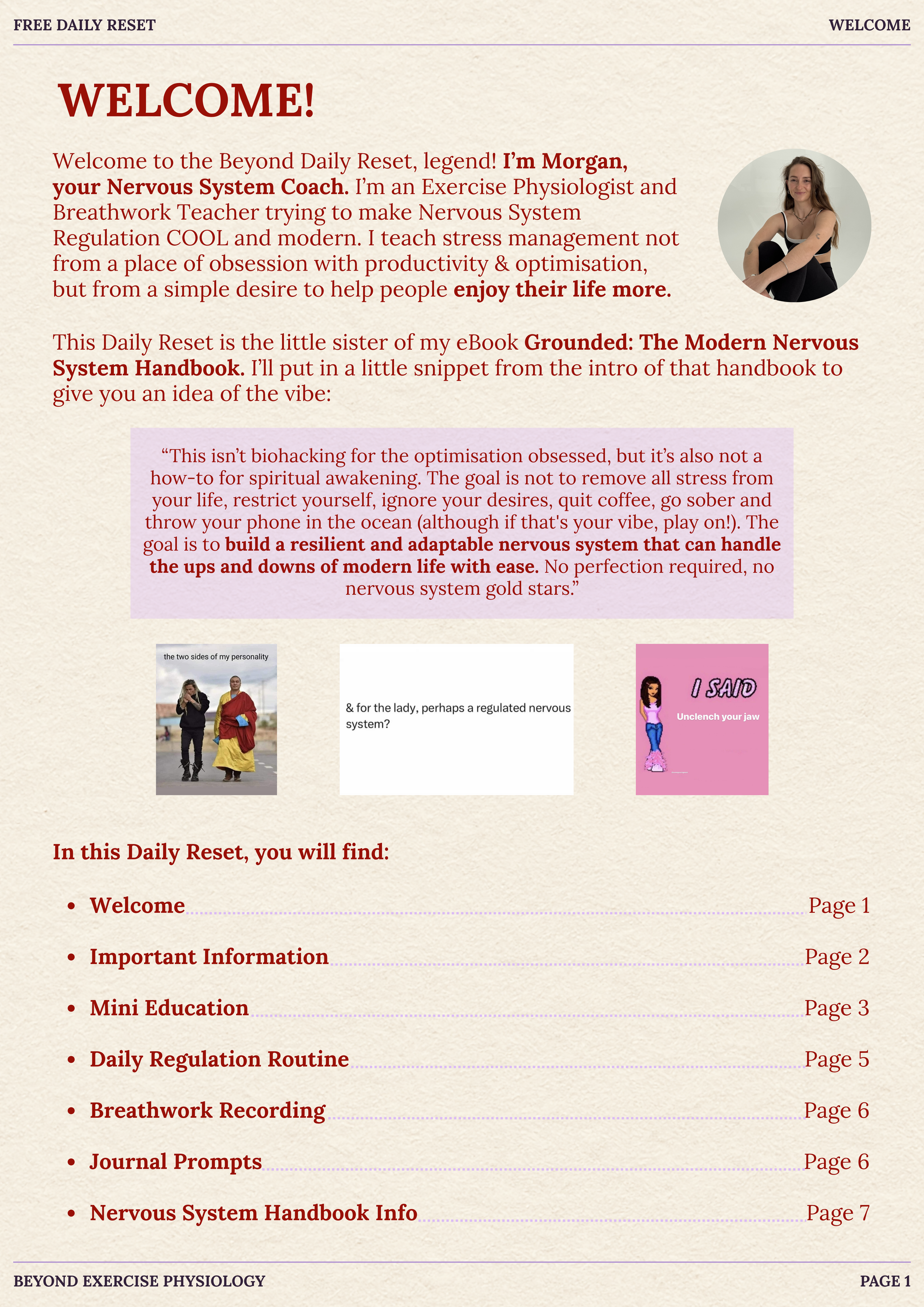 Screenshot of a webpage titled 'Beyond Exercise Physiology' with a welcome message from Morgan, a nervous system coach. The page includes images of people and icons, a list of sections with page numbers, and a quote about nervous system regulation.