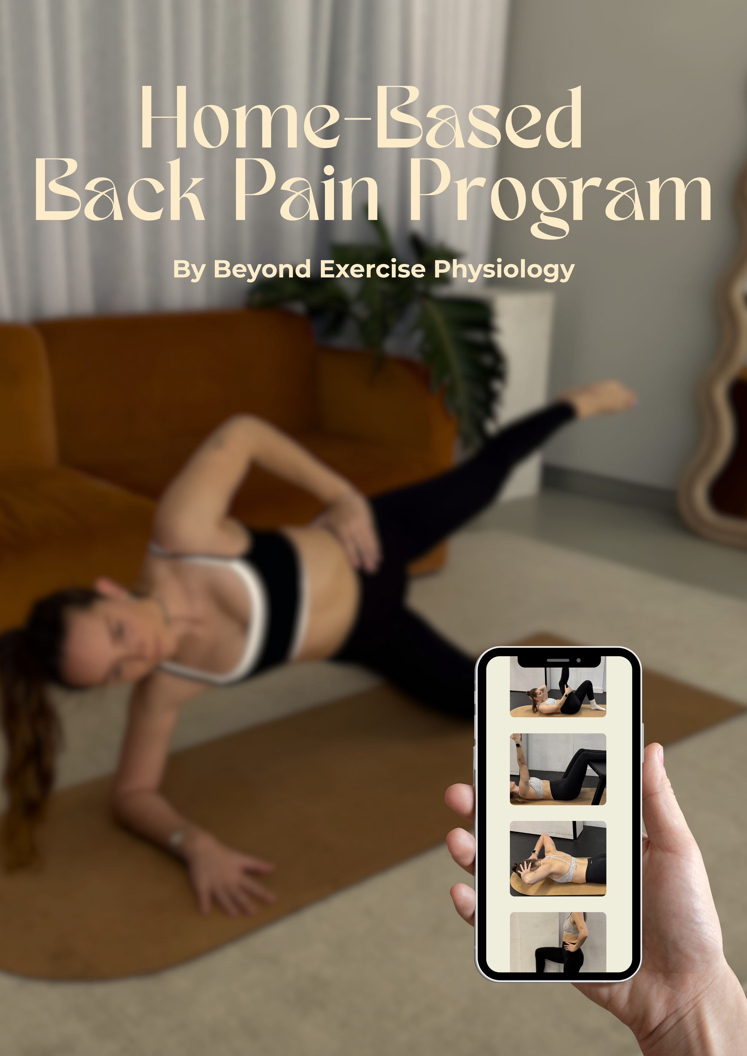 A woman lying on her side on a yoga mat, wearing black leggings and a sports bra, with her arm supporting her head. A person holds a smartphone displaying various workout images, including stretches and yoga poses.
