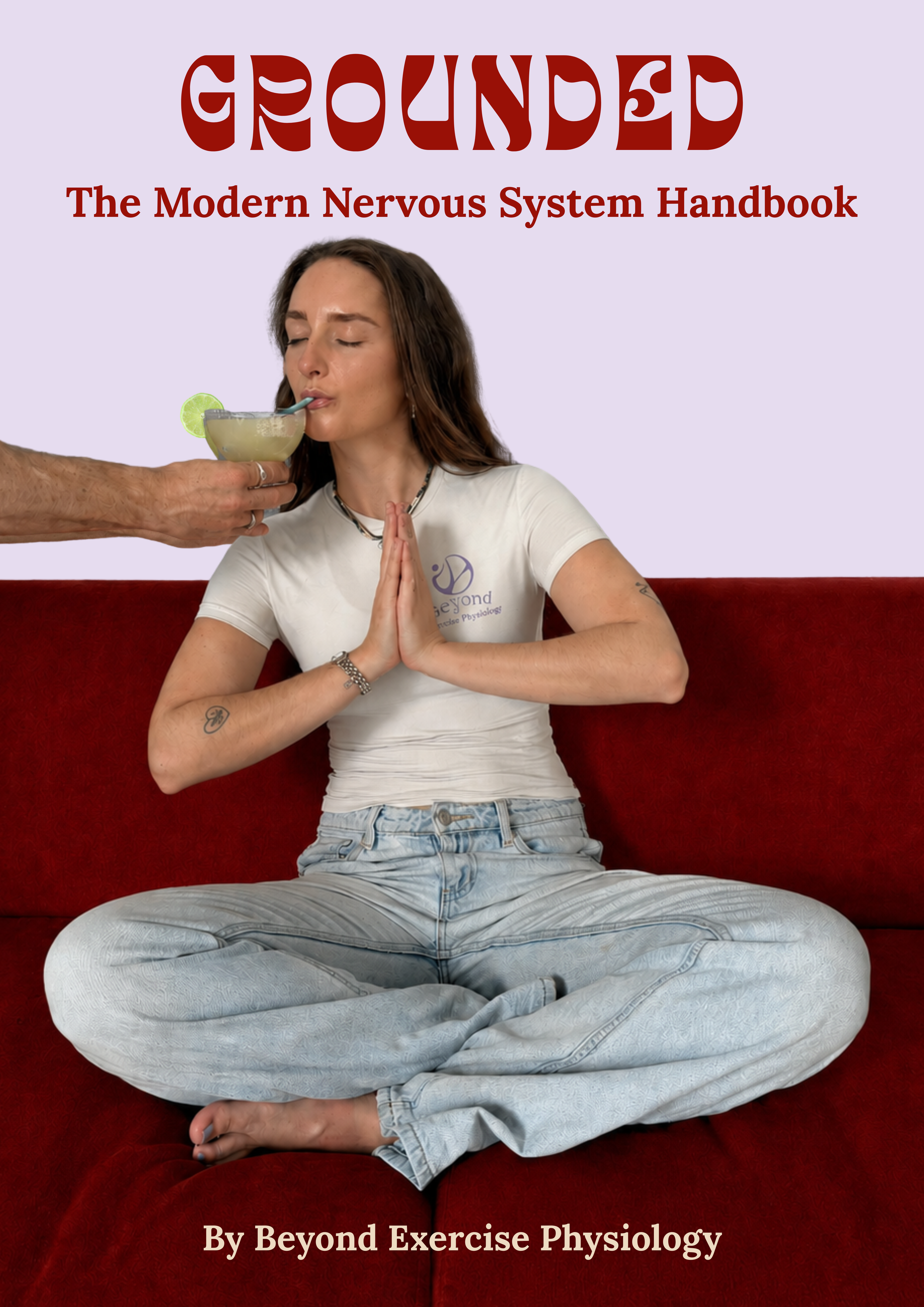 Book cover titled 'Grounded: The Modern Nervous System Handbook' featuring a woman meditating while drinking a cocktail.
