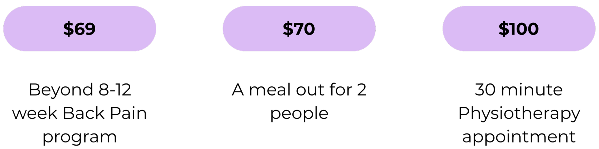 A price comparison chart with three purple rounded rectangles displaying prices of $69, $70, and $100, connected by arrows to corresponding descriptions below.