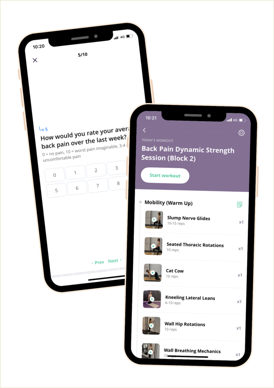 Two smartphones displaying different health and fitness app screens, one showing a pain level survey about back pain and the other showing a workout plan for back pain strengthening exercises.