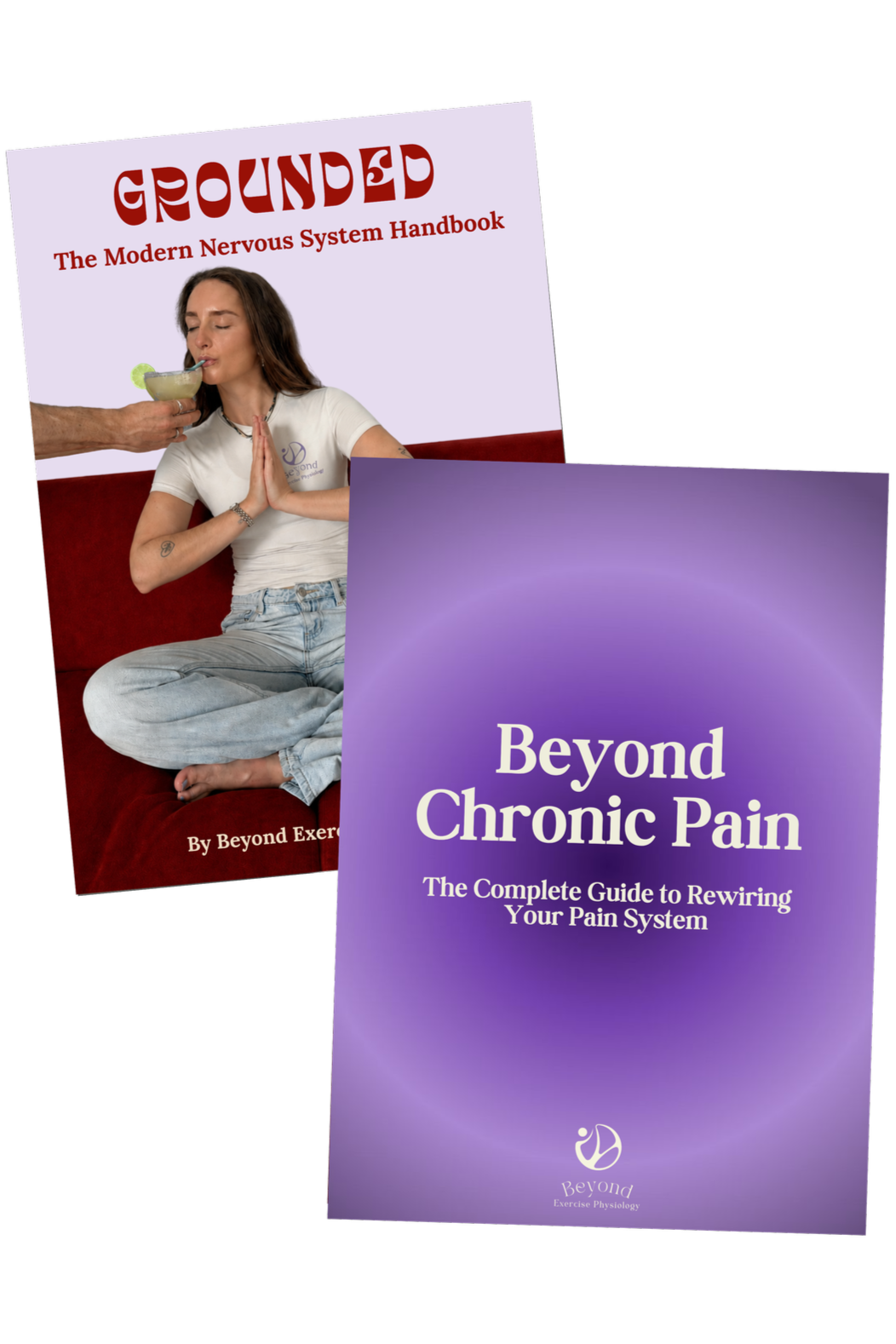 Two book covers, one titled 'Grounded: The Modern Nervous System Handbook' showing a woman meditating while drinking a cocktail, another titled 'Beyond Chronic Pain: The Complete Guide to Rewiring Your Pain System'.