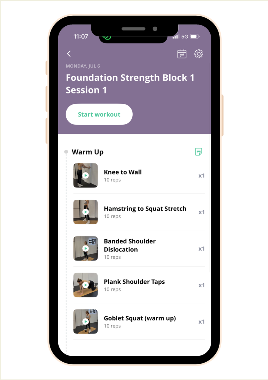 Mobile phone screen displaying a fitness app with workout session titled "Foundation Strength Block 1 Session 1" including warm-up exercises such as knee to wall, hamstring to squat stretch, banded shoulder dislocation, plank shoulder taps, and goblet squat, each with video icons and reps specified.