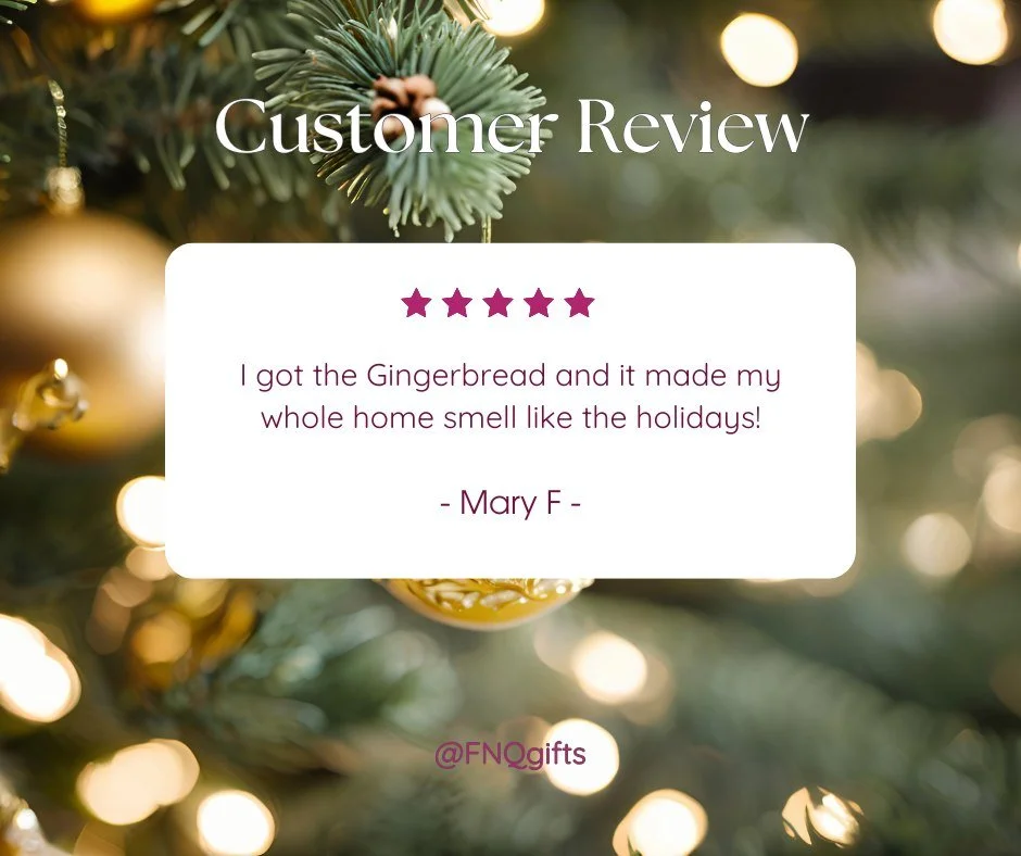 ⭐️⭐️⭐️⭐️⭐️
 &ldquo;I got the Gingerbread and it made my whole home smell like the holidays!&rdquo;
 We love hearing your feedback &mdash; it keeps us glowing! 💫
Gingerbread is part of our Christmas Collection and ready for gifting.
.
.
.
.

 #FNQgif
