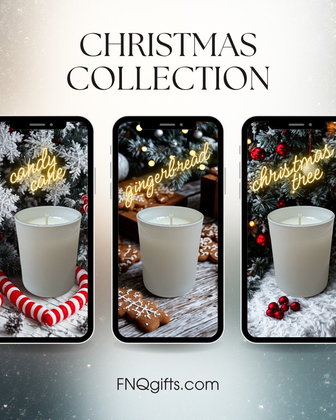 ✨ Christmas just got extra cosy! 🎄
Bring the spirit of the holidays home with the FNQ Gifts Christmas Collection &mdash; a beautiful boxed trio of hand-poured 70g candles featuring:
❤️ Candy Cane &ndash; sweet, minty, and joyful
🍪 Gingerbread &ndas