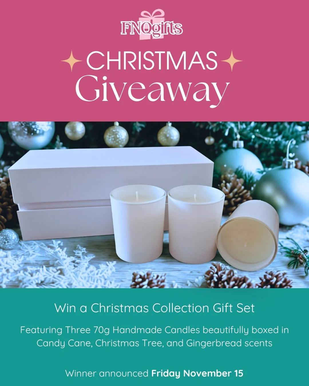 🎁 GIVEAWAY TIME! 🎁

We&rsquo;re celebrating our brand new FNQgifts look with a tropical giveaway! 🌴
Win The Christmas Collection &ndash; three festive handmade candles in Candy Cane, Gingerbread, and Christmas Tree scents 🎄

✨ To enter:
1️⃣ Follo